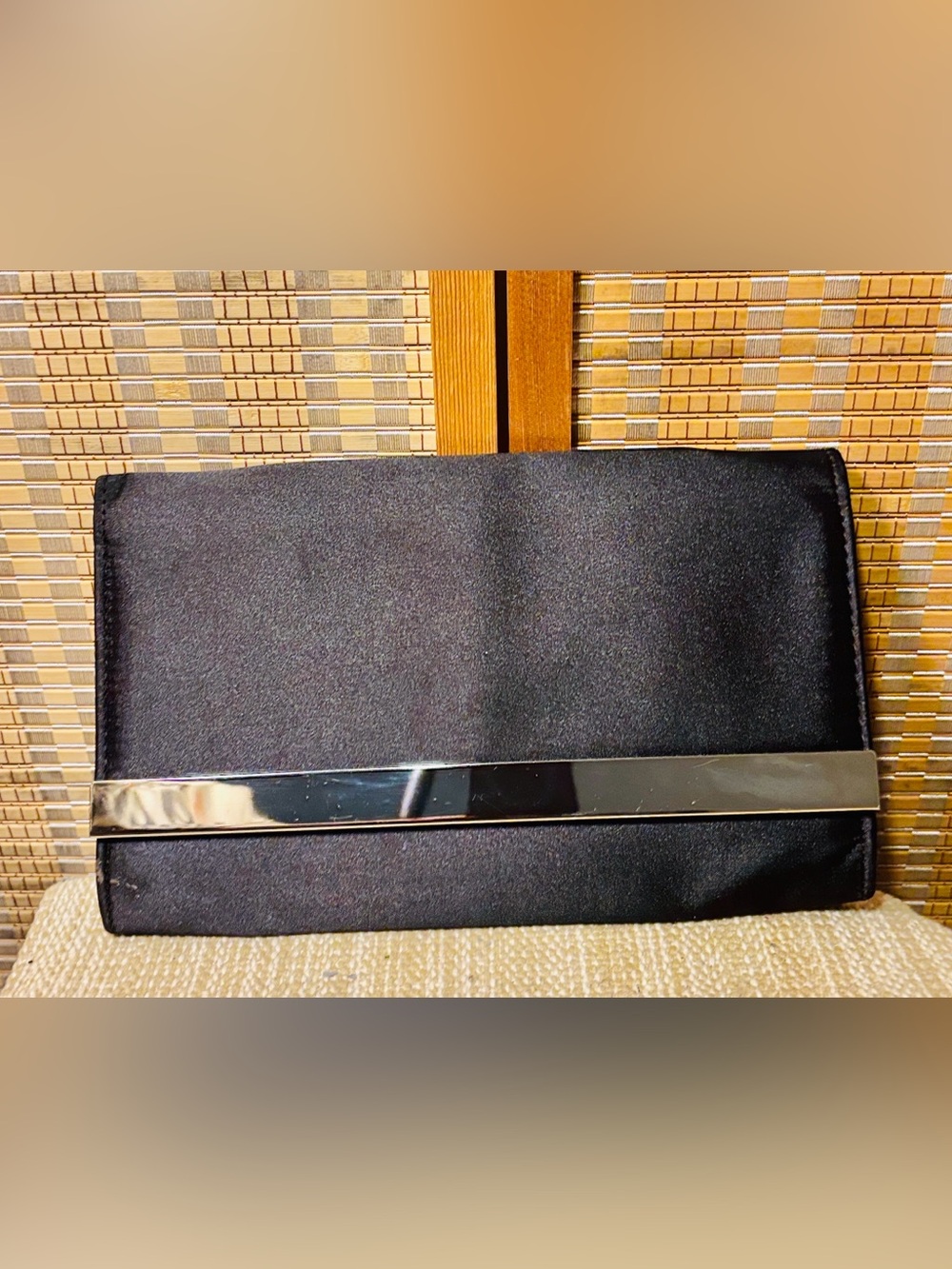 Classic Black Satin Evening Clutch with Silver Accent - Picture 1 of 12